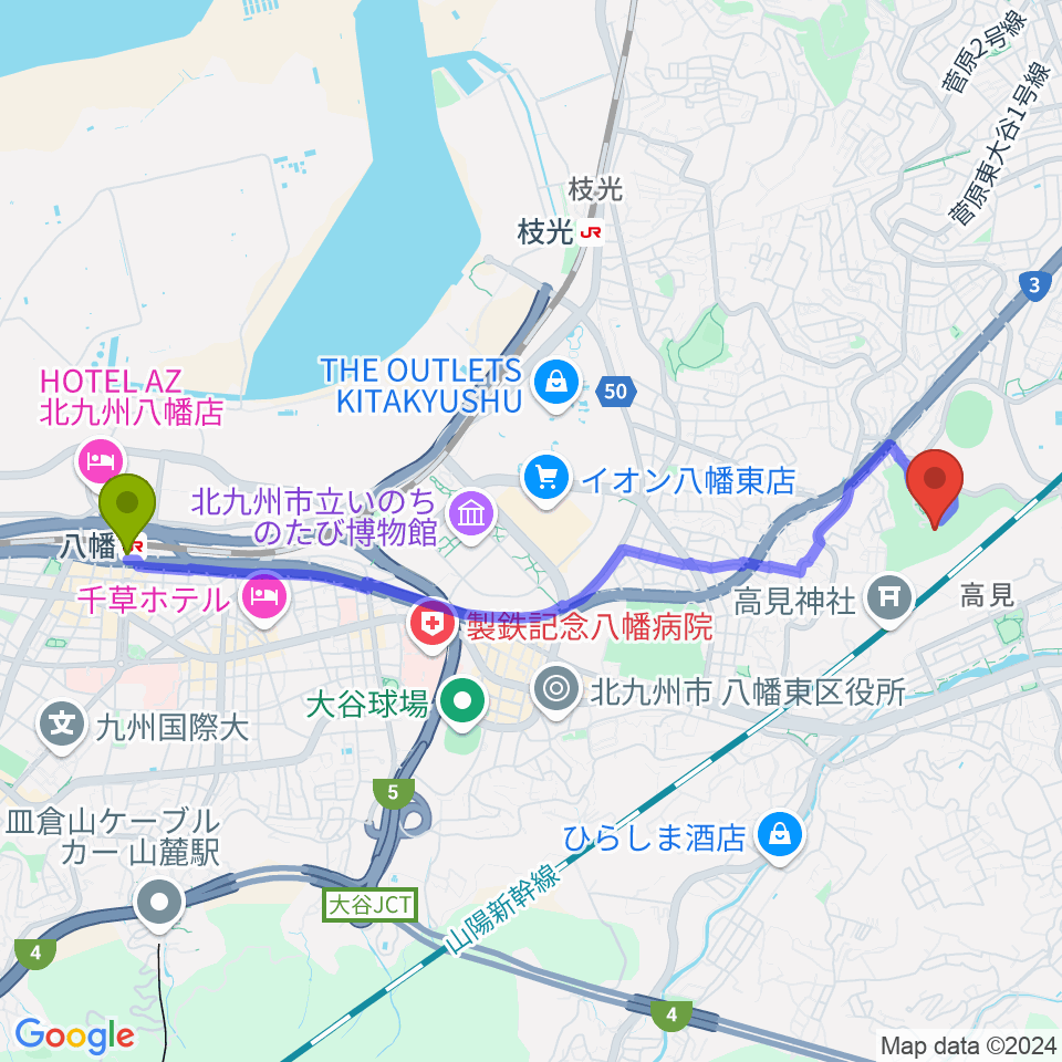 八幡駅から北九州市立美術館へのルートマップ地図