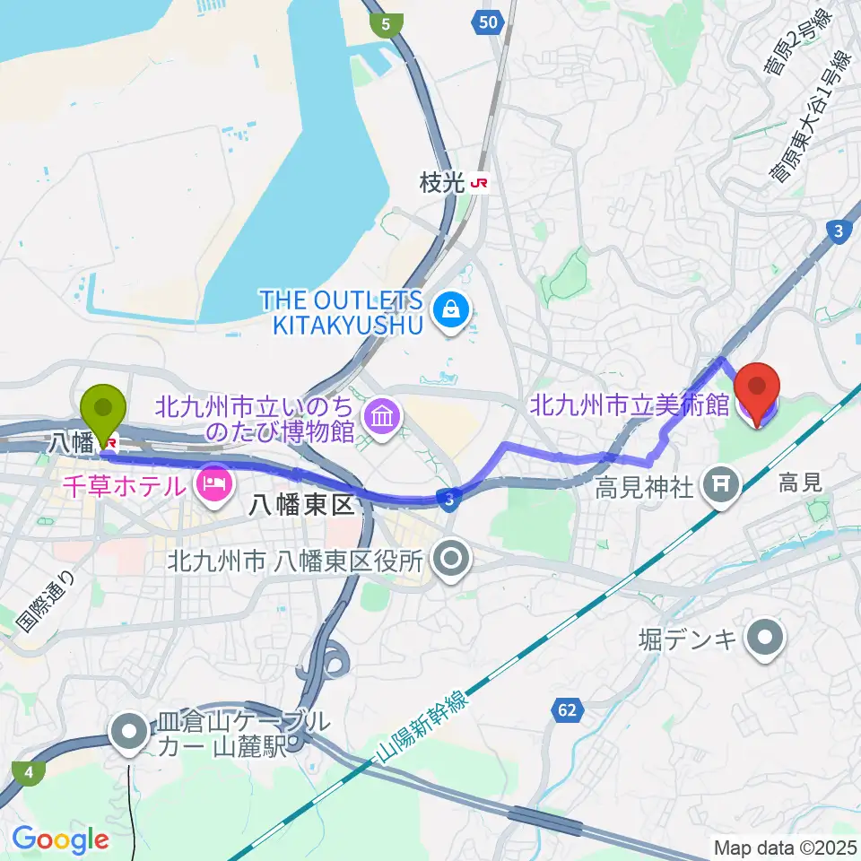 八幡駅から北九州市立美術館へのルートマップ地図