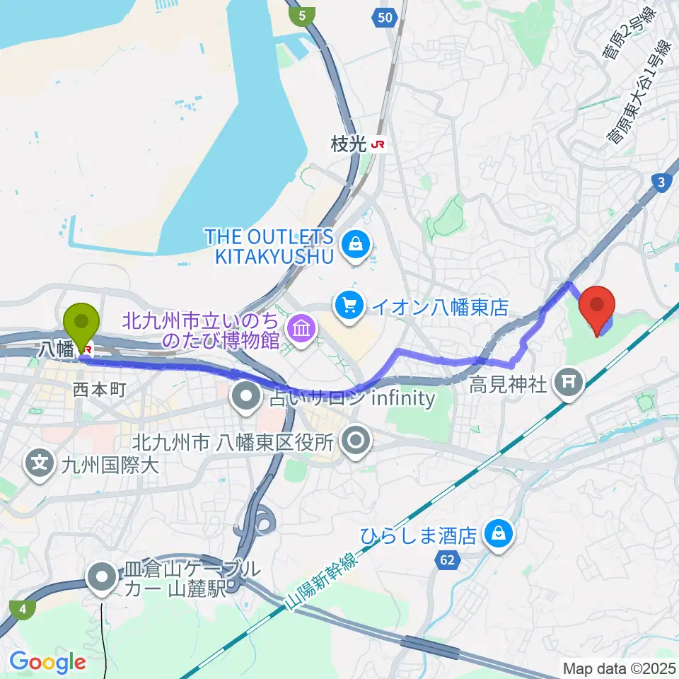八幡駅から北九州市立美術館へのルートマップ地図