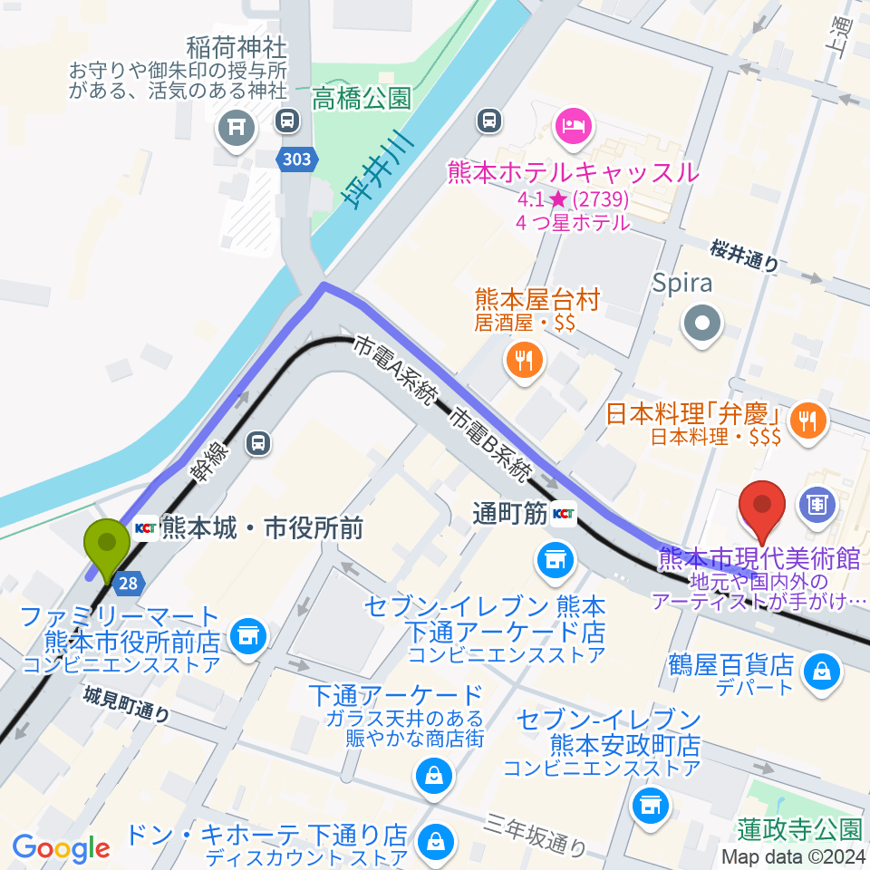 熊本城・市役所前駅から熊本市現代美術館（CAMK）へのルートマップ地図