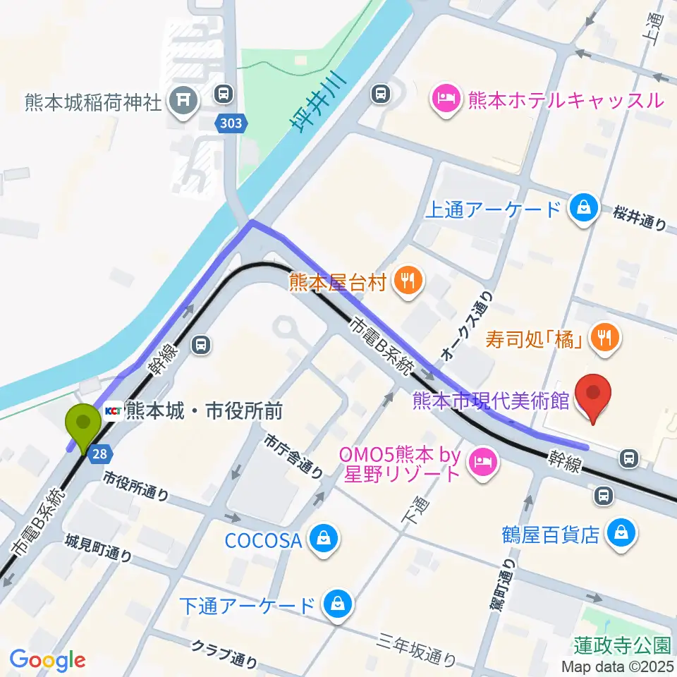 熊本城・市役所前駅から熊本市現代美術館（CAMK）へのルートマップ地図