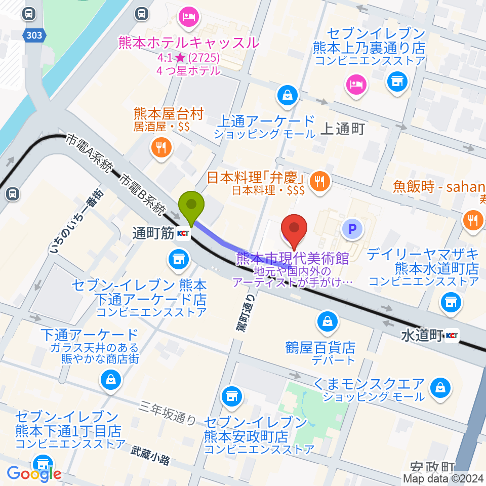 熊本市現代美術館（CAMK）の最寄駅通町筋駅からの徒歩ルート（約2分）地図