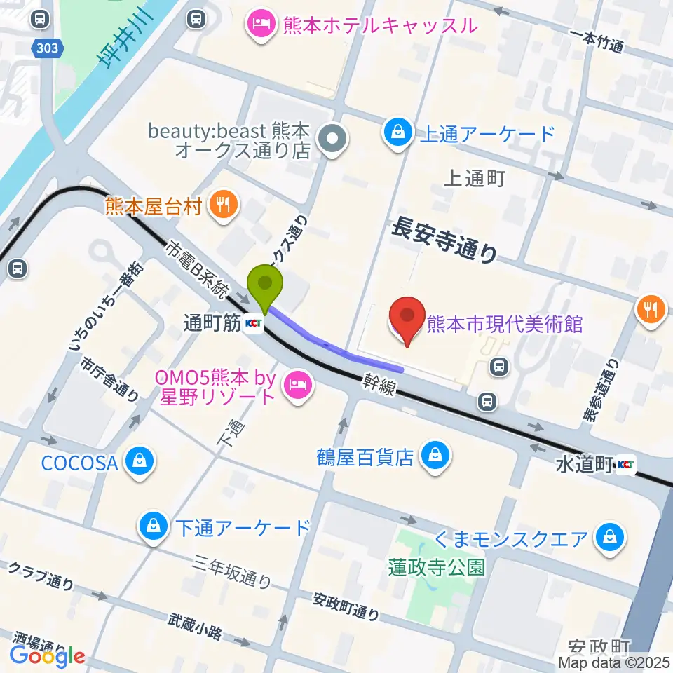 熊本市現代美術館（CAMK）の最寄駅通町筋駅からの徒歩ルート（約2分）地図