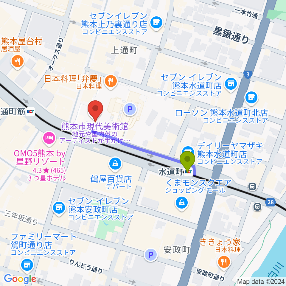 水道町駅から熊本市現代美術館（CAMK）へのルートマップ地図