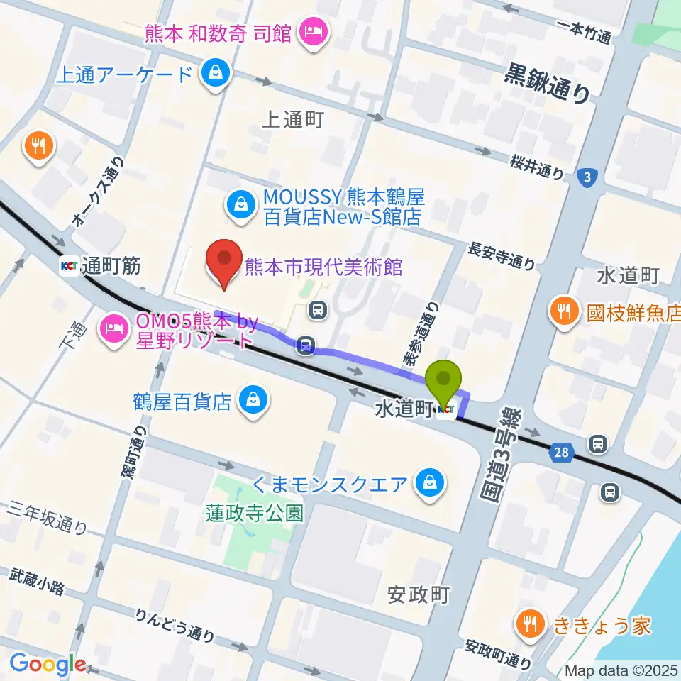 水道町駅から熊本市現代美術館（CAMK）へのルートマップ地図