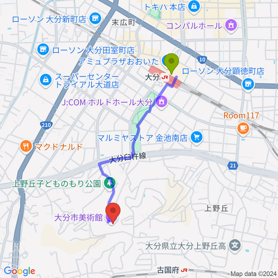 大分駅から大分市美術館へのルートマップ地図