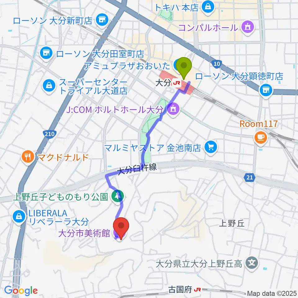 大分駅から大分市美術館へのルートマップ地図