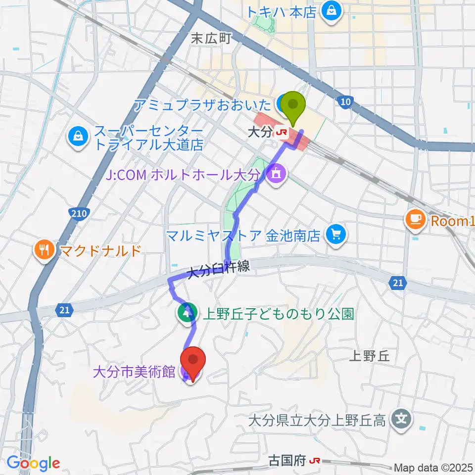 大分駅から大分市美術館へのルートマップ地図