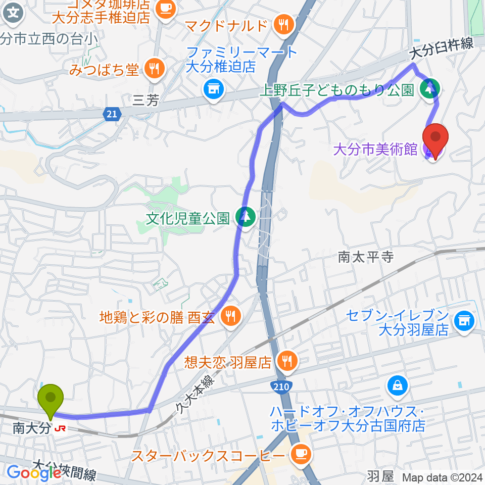 南大分駅から大分市美術館へのルートマップ地図