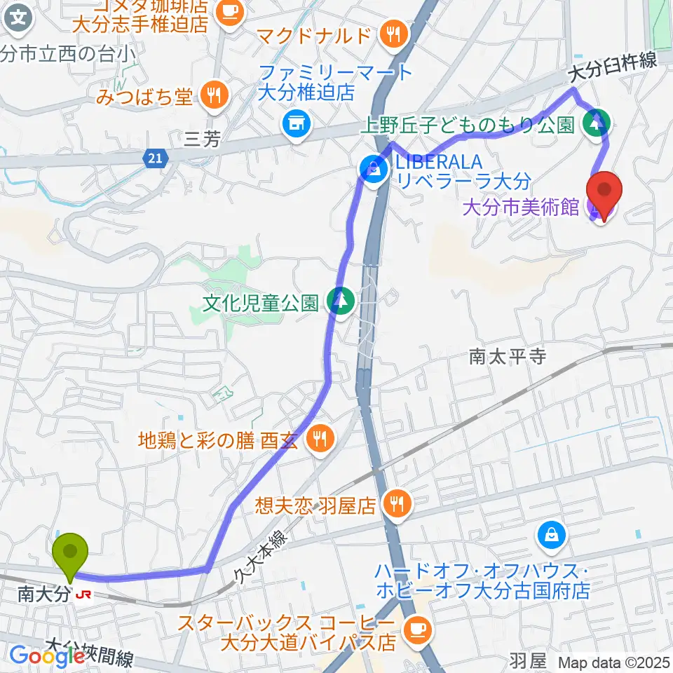 南大分駅から大分市美術館へのルートマップ地図