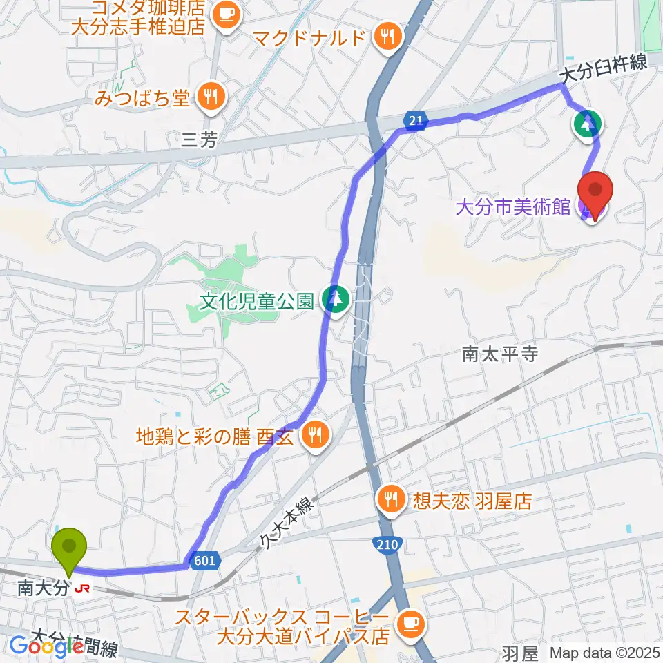 南大分駅から大分市美術館へのルートマップ地図