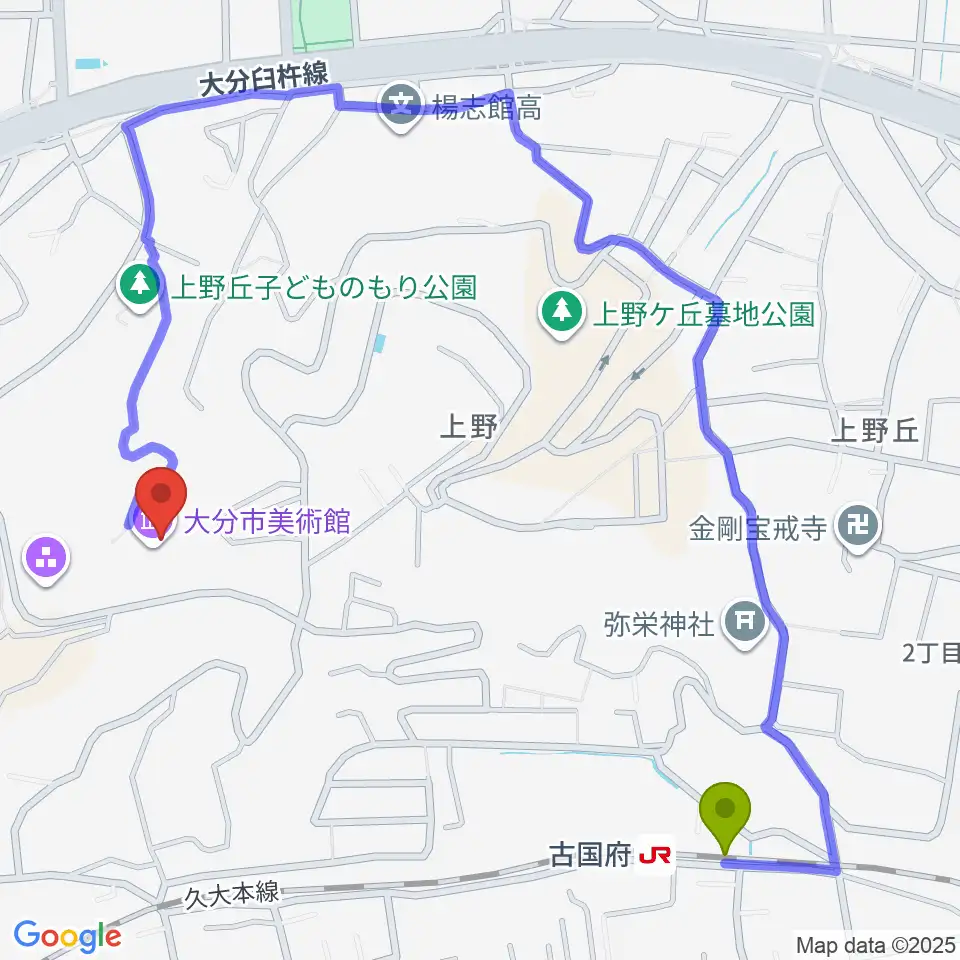 大分市美術館の最寄駅古国府駅からの徒歩ルート（約11分）地図