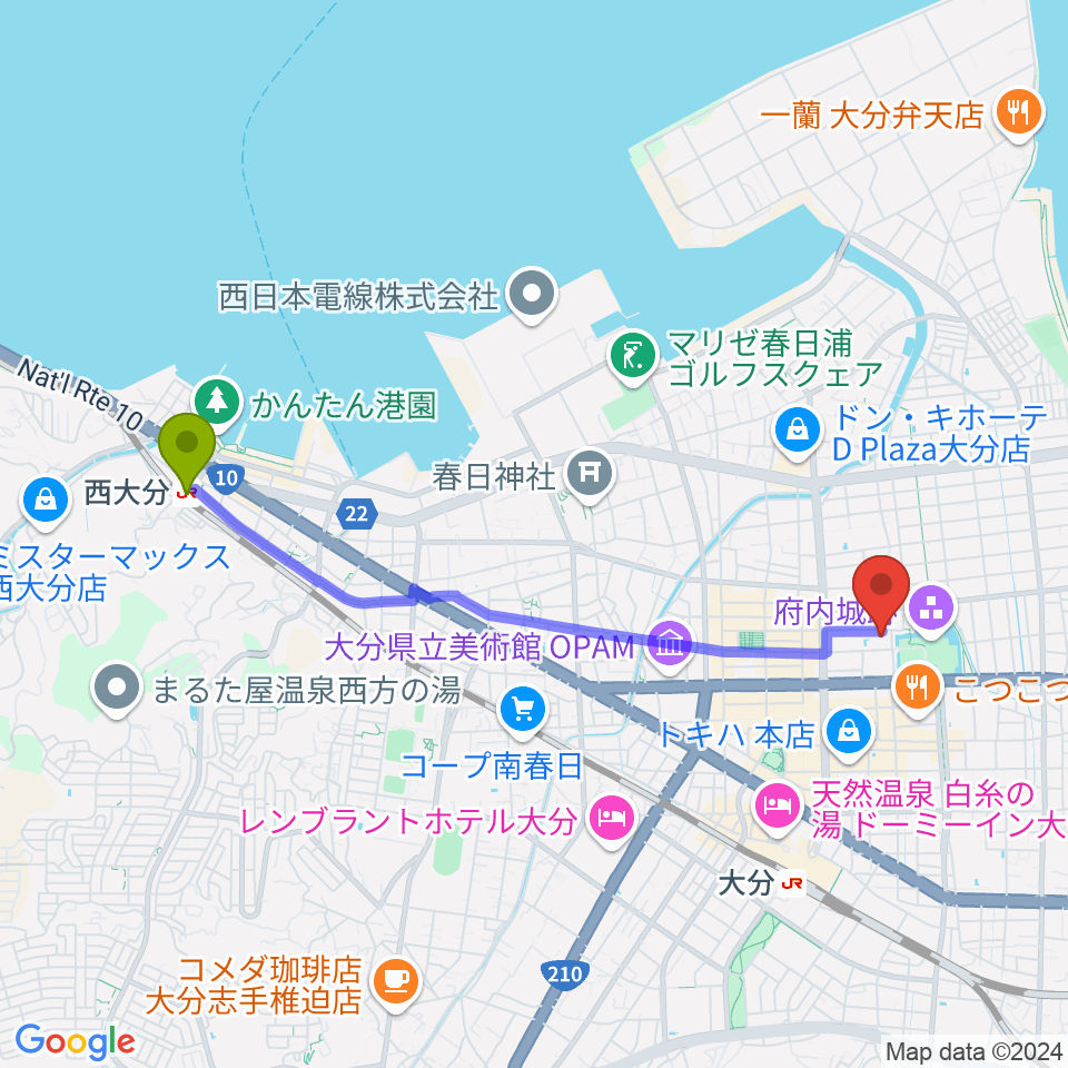 西大分駅から大分市アートプラザへのルートマップ地図