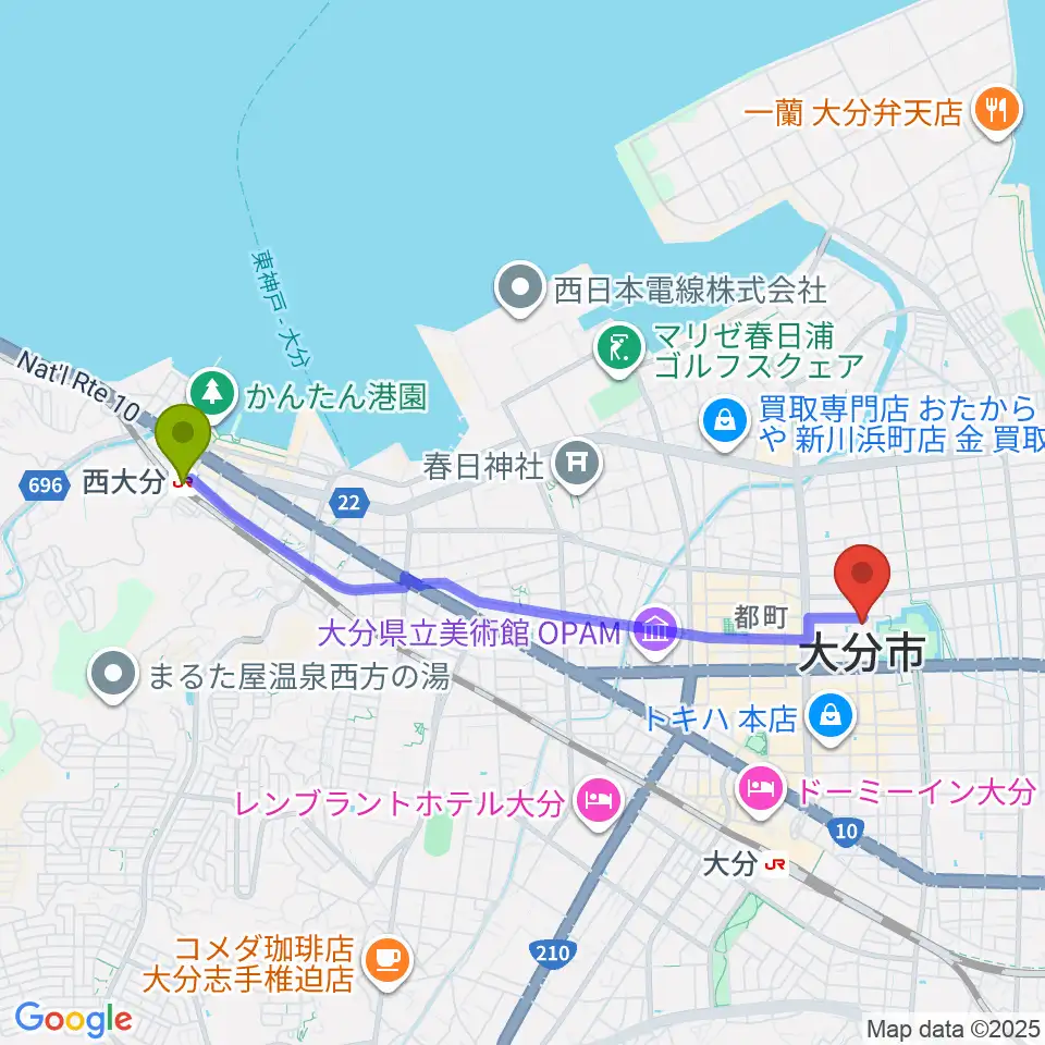 西大分駅から大分市アートプラザへのルートマップ地図