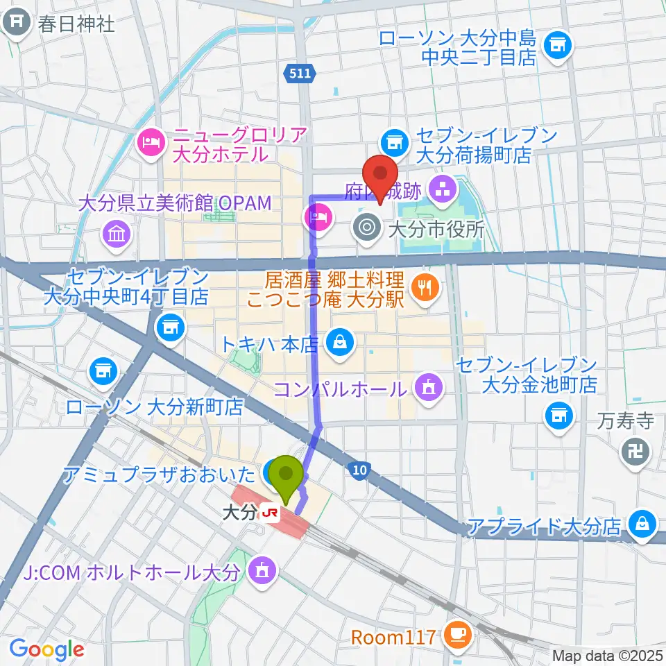 大分市アートプラザの最寄駅大分駅からの徒歩ルート（約15分）地図