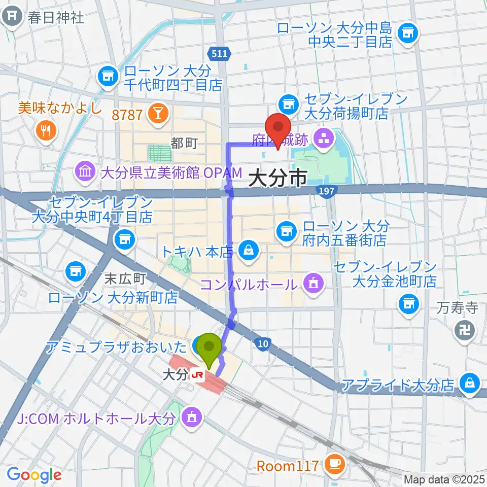 大分市アートプラザの最寄駅大分駅からの徒歩ルート（約15分）地図