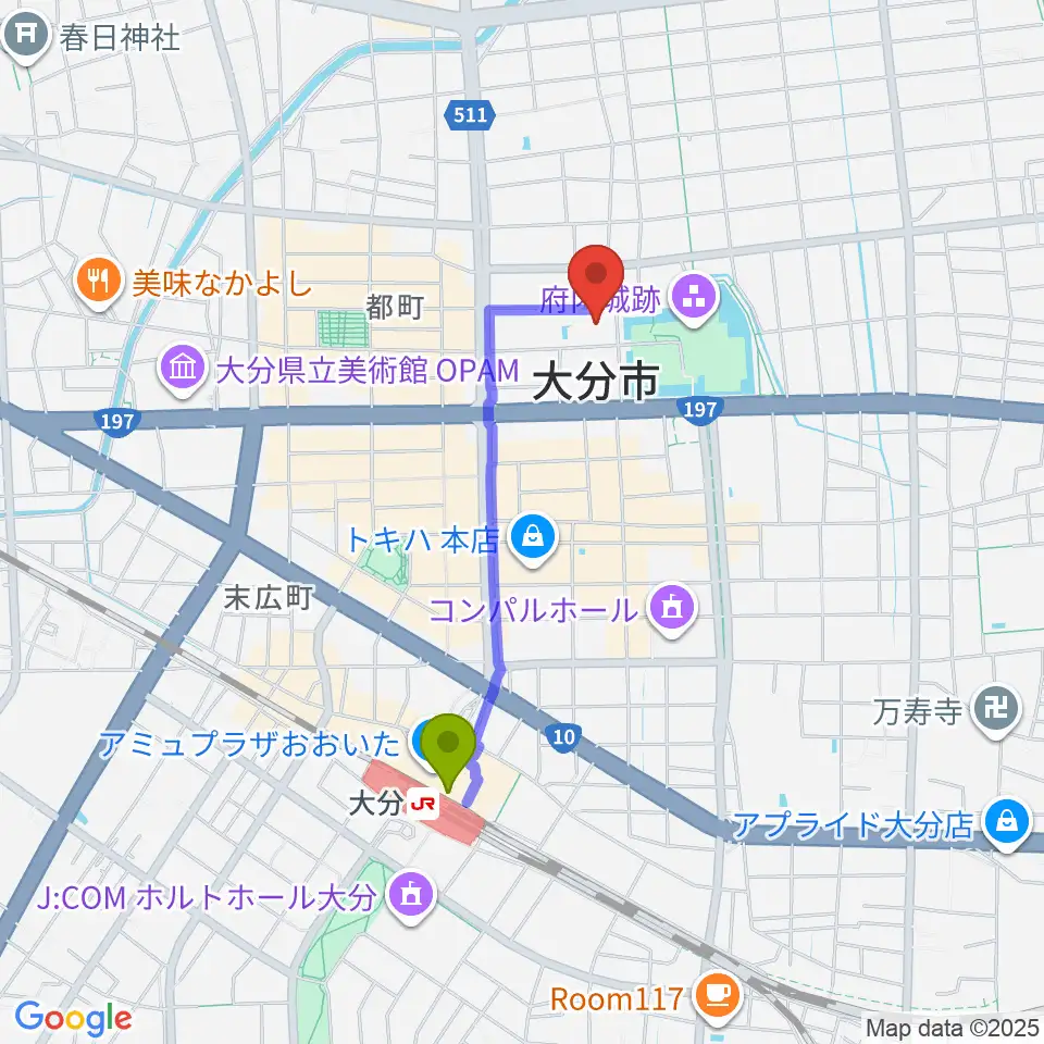 大分市アートプラザの最寄駅大分駅からの徒歩ルート（約15分）地図