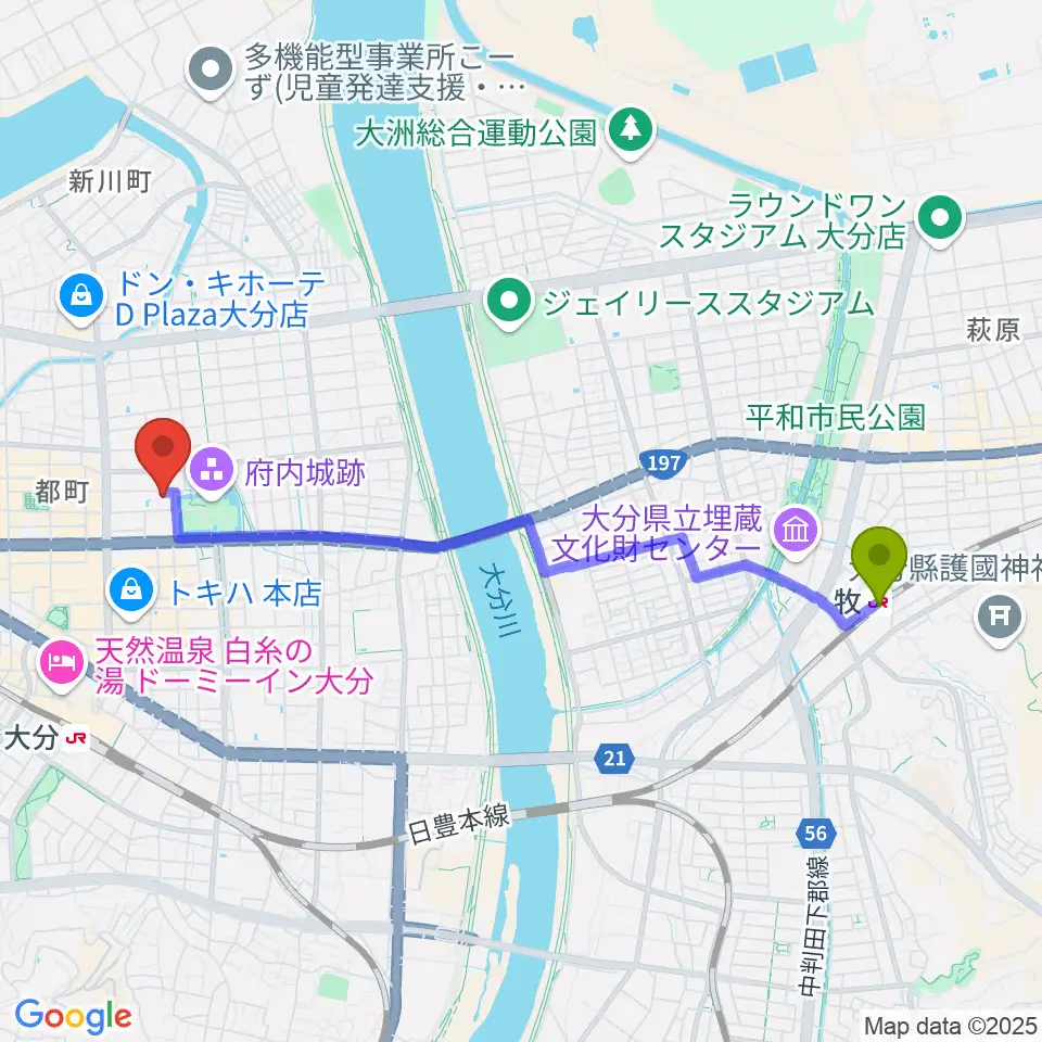 牧駅から大分市アートプラザへのルートマップ地図