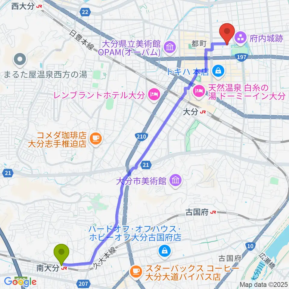 南大分駅から大分市アートプラザへのルートマップ地図