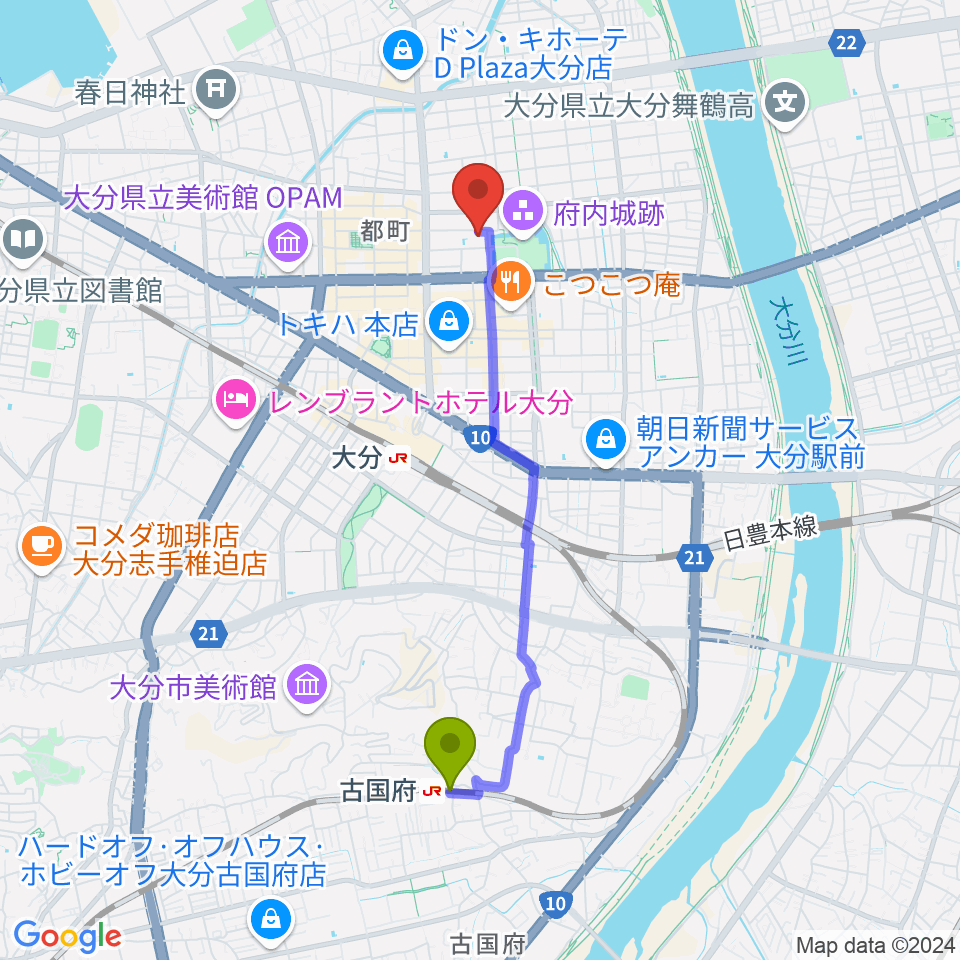 古国府駅から大分市アートプラザへのルートマップ地図