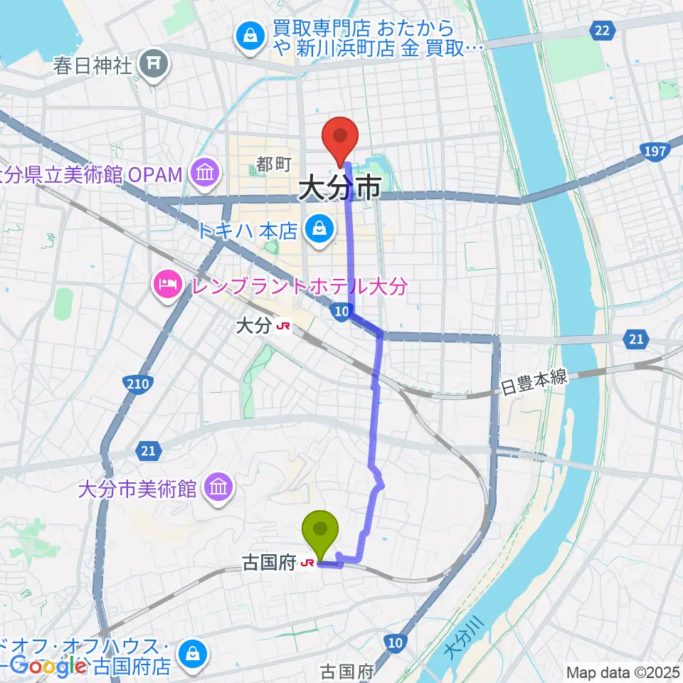 古国府駅から大分市アートプラザへのルートマップ地図