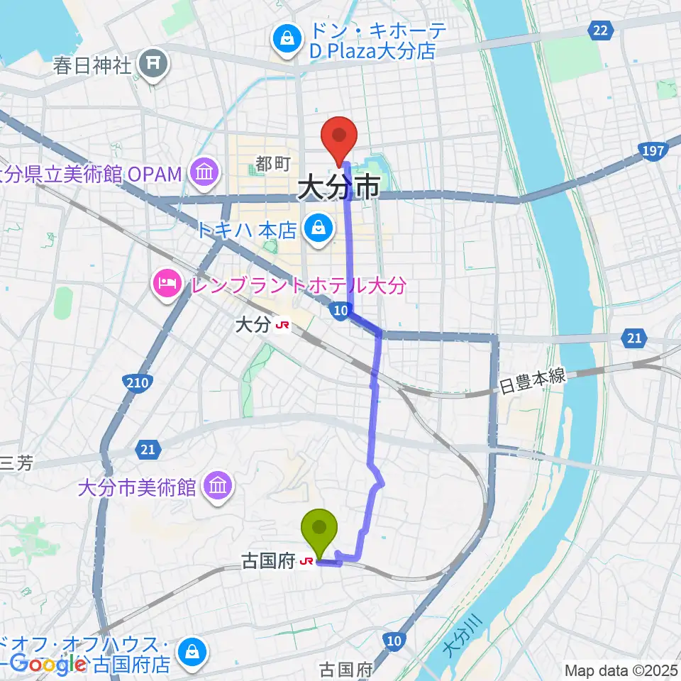 古国府駅から大分市アートプラザへのルートマップ地図