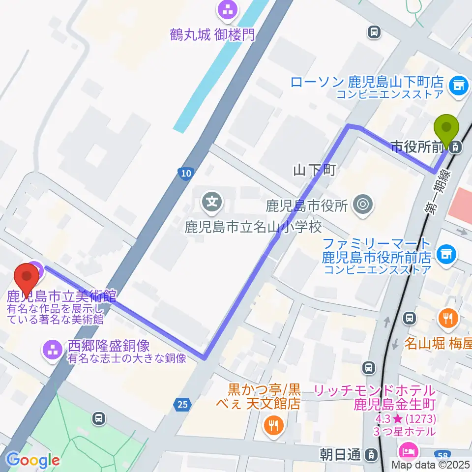 市役所前駅から鹿児島市立美術館へのルートマップ地図