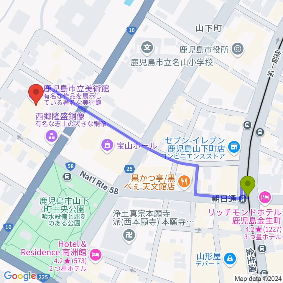 鹿児島市立美術館の最寄駅朝日通駅からの徒歩ルート（約7分）地図