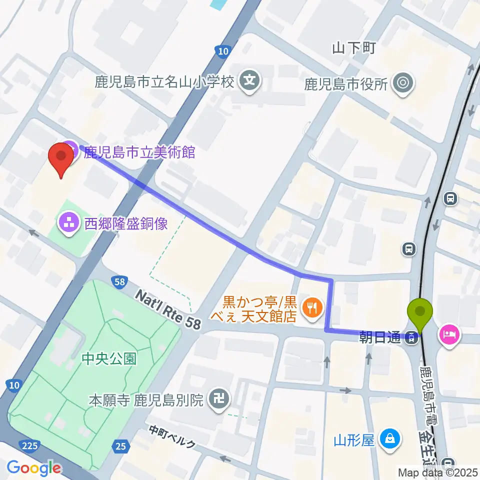 鹿児島市立美術館の最寄駅朝日通駅からの徒歩ルート（約7分）地図