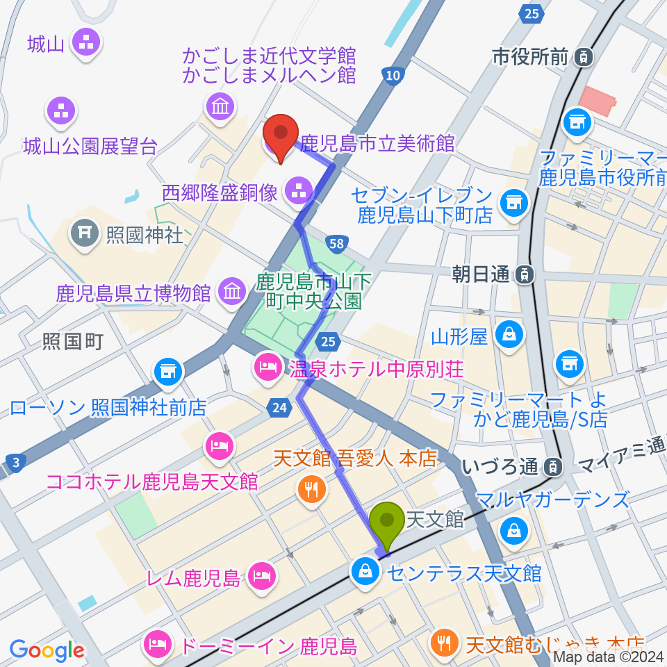 天文館通駅から鹿児島市立美術館へのルートマップ地図