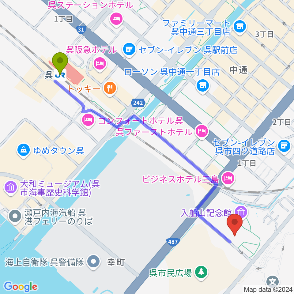 呉市立美術館の最寄駅呉駅からの徒歩ルート（約13分）地図