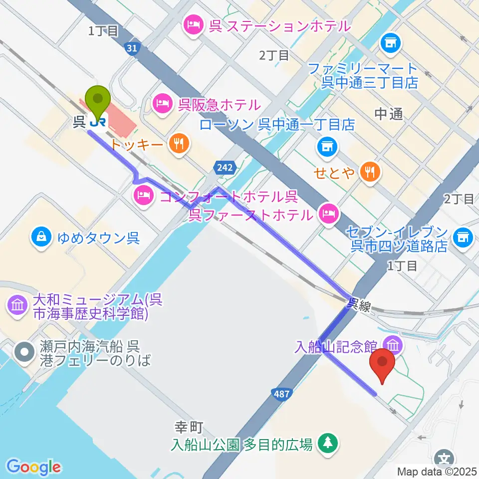 呉市立美術館の最寄駅呉駅からの徒歩ルート（約13分）地図