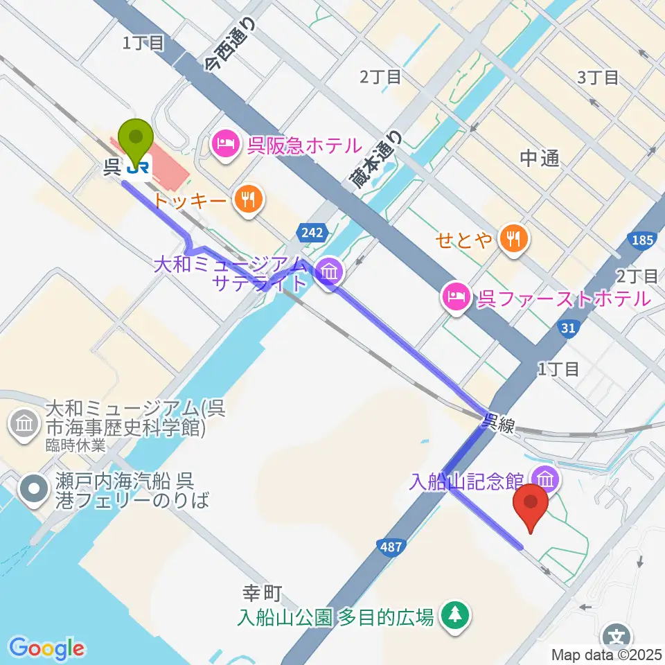 呉市立美術館の最寄駅呉駅からの徒歩ルート（約13分）地図