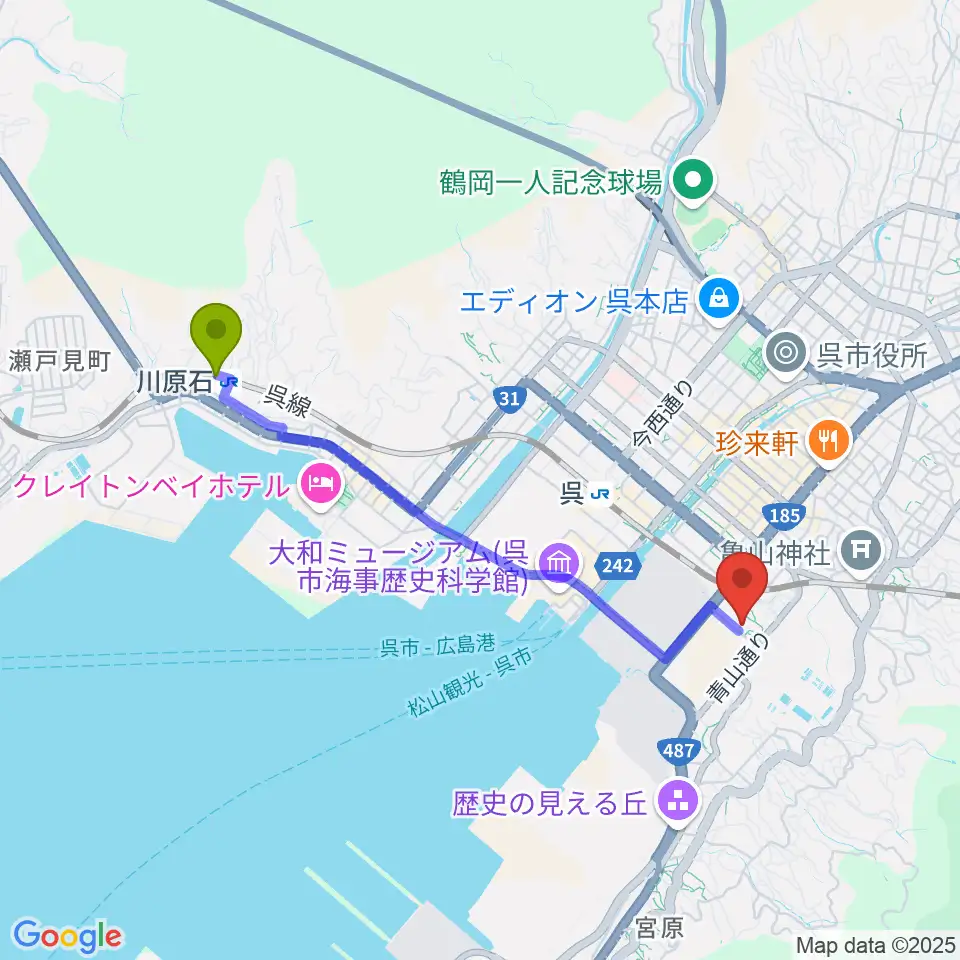 川原石駅から呉市立美術館へのルートマップ地図