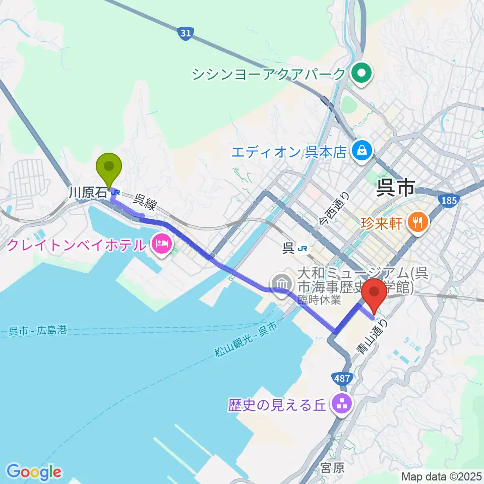 川原石駅から呉市立美術館へのルートマップ地図