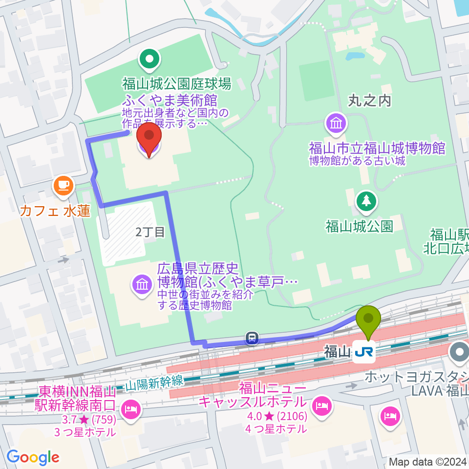 ふくやま美術館の最寄駅福山駅からの徒歩ルート（約5分）地図