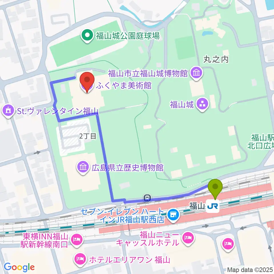 ふくやま美術館の最寄駅福山駅からの徒歩ルート（約5分）地図