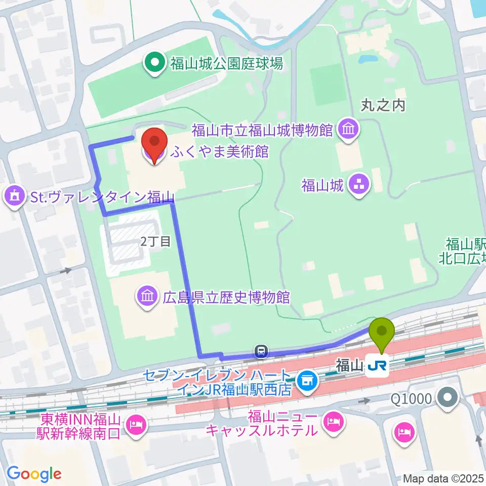 ふくやま美術館の最寄駅福山駅からの徒歩ルート（約5分）地図