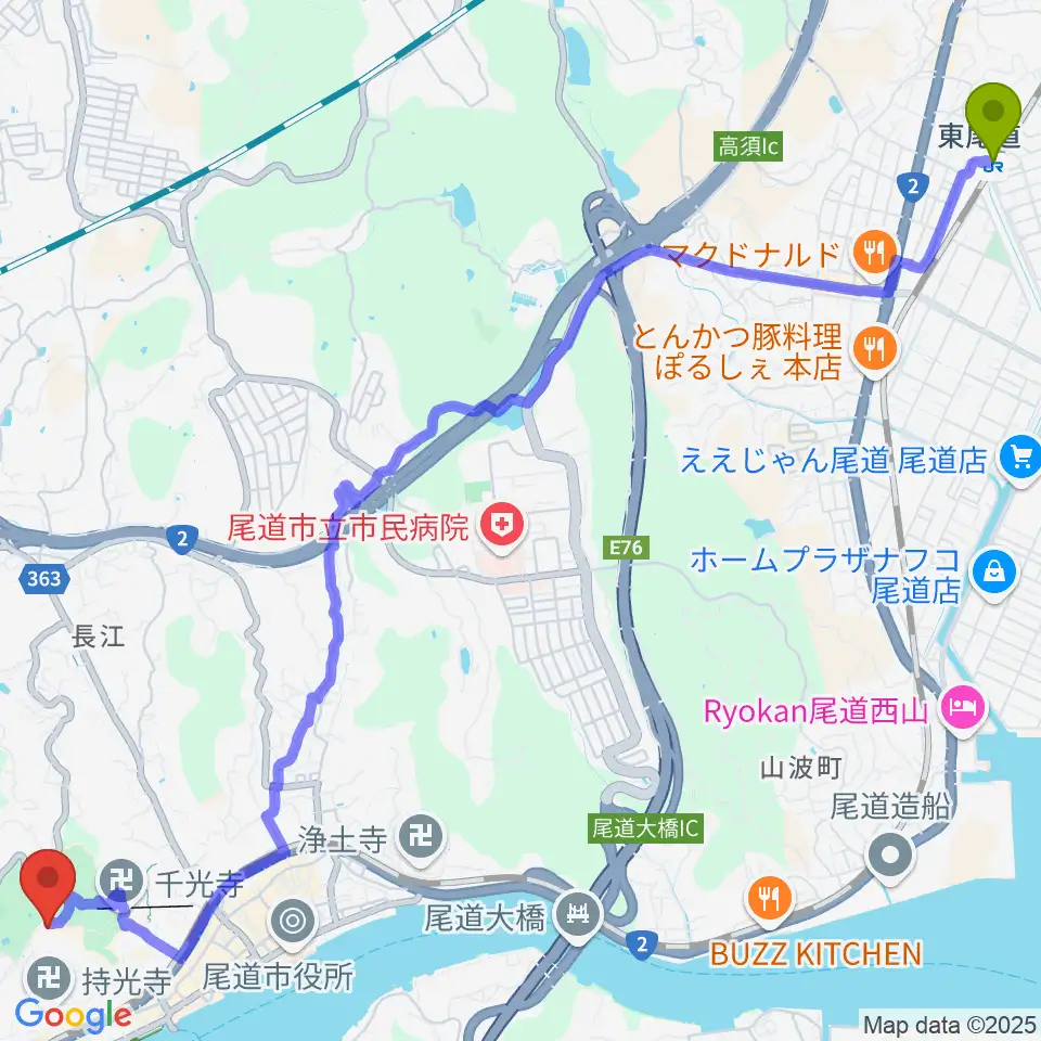 東尾道駅から尾道市立美術館へのルートマップ地図