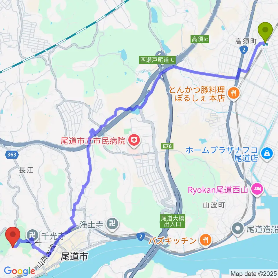 東尾道駅から尾道市立美術館へのルートマップ地図