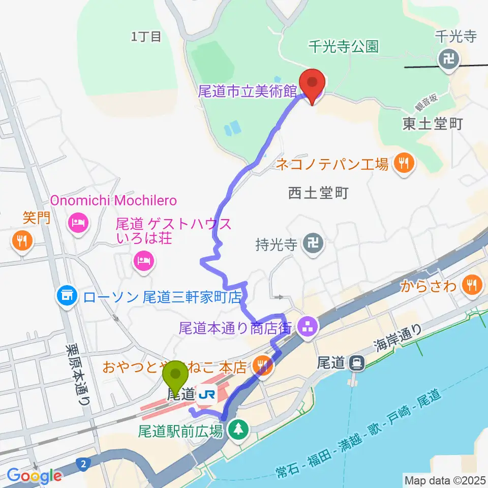 尾道市立美術館の最寄駅尾道駅からの徒歩ルート（約10分）地図