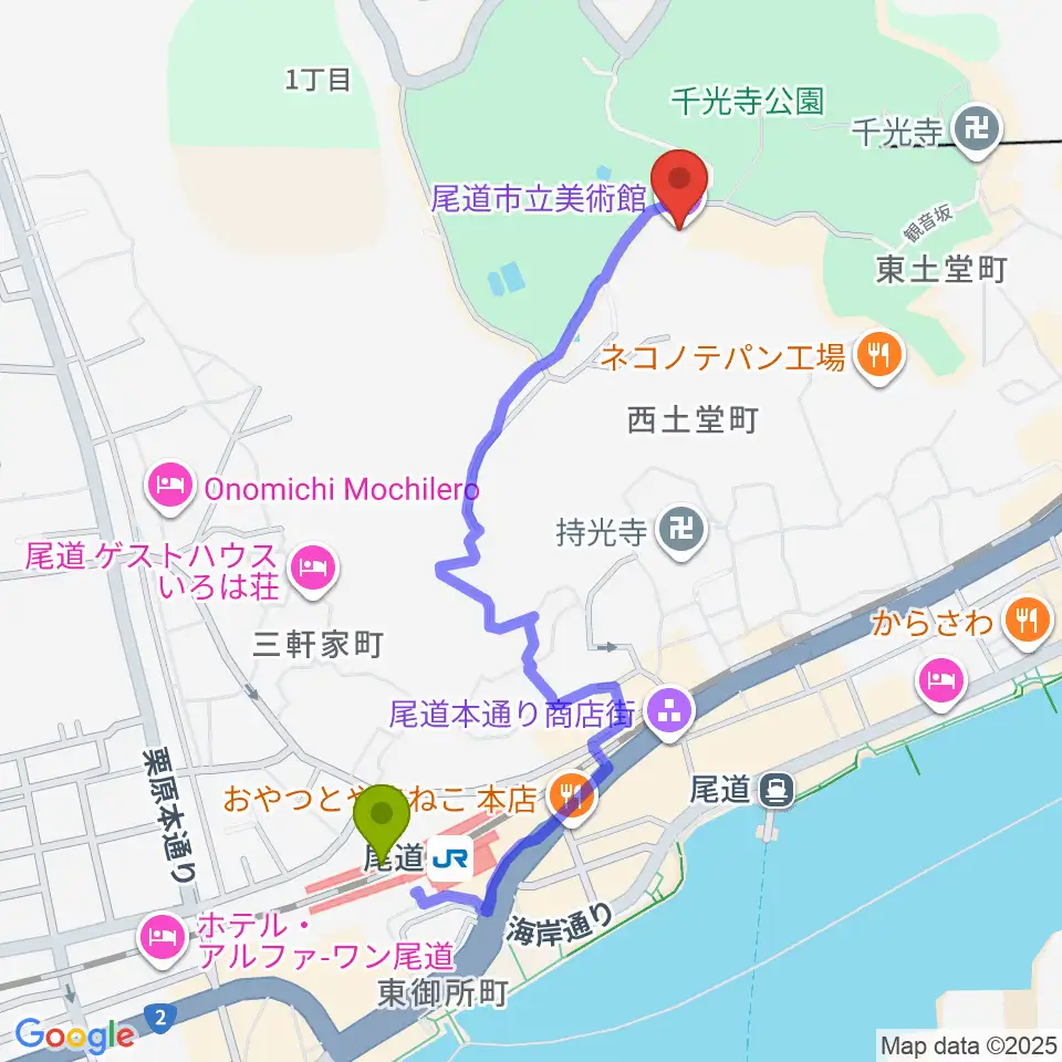 尾道市立美術館の最寄駅尾道駅からの徒歩ルート（約10分）地図