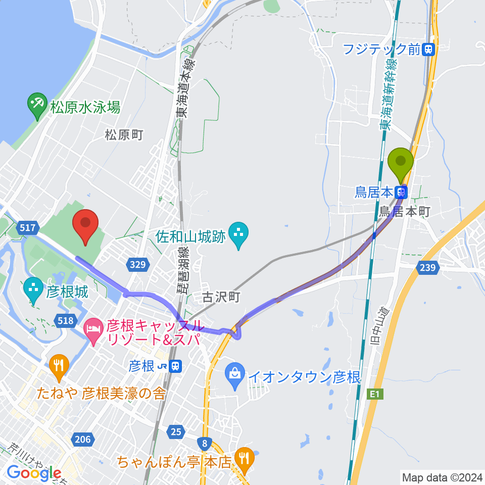 鳥居本駅からHPLベースボールパークへのルートマップ地図