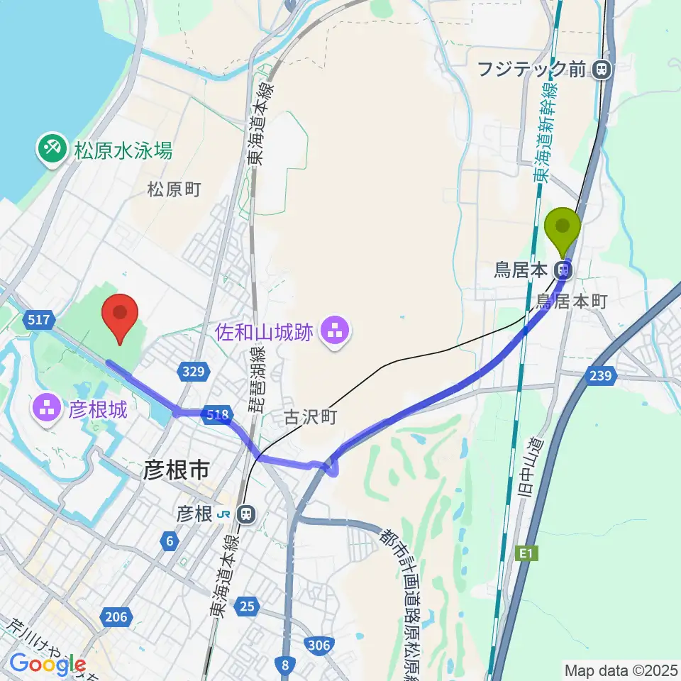 鳥居本駅からHPLベースボールパークへのルートマップ地図