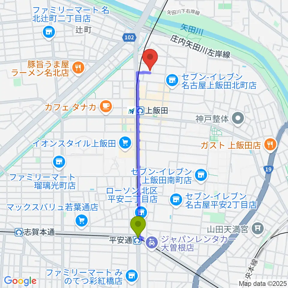 平安通駅からリアラウンズへのルートマップ地図