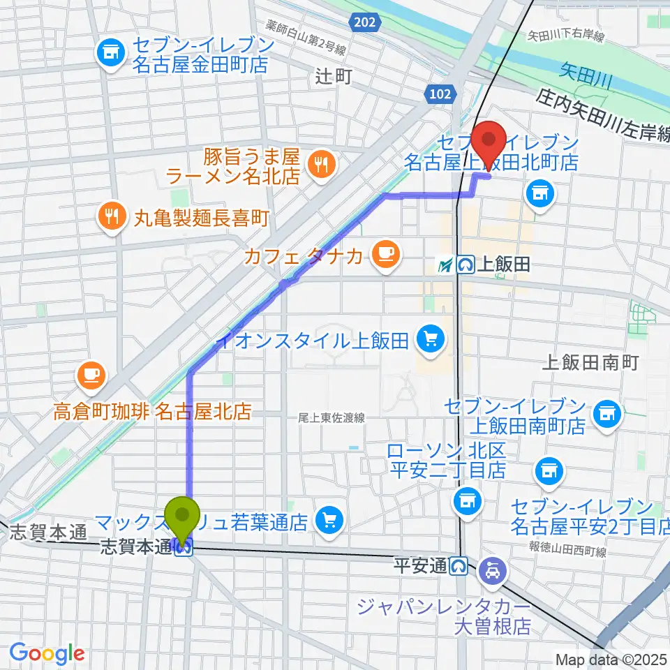 志賀本通駅からリアラウンズへのルートマップ地図