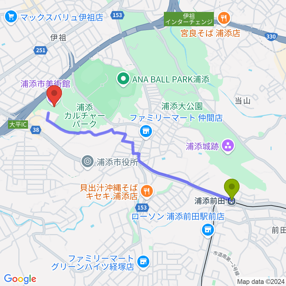 浦添市美術館の最寄駅浦添前田駅からの徒歩ルート（約24分）地図