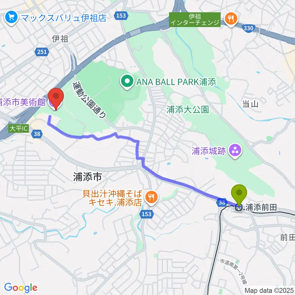 浦添市美術館の最寄駅浦添前田駅からの徒歩ルート（約24分）地図