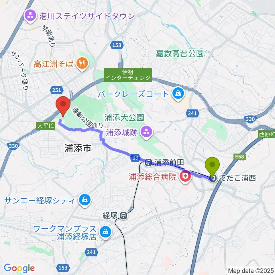 てだこ浦西駅から浦添市美術館へのルートマップ地図