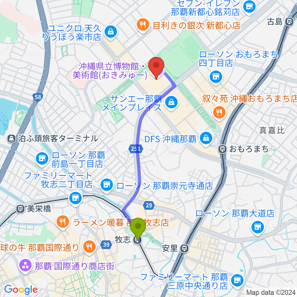 牧志駅から沖縄県立博物館・美術館（おきみゅー）へのルートマップ地図